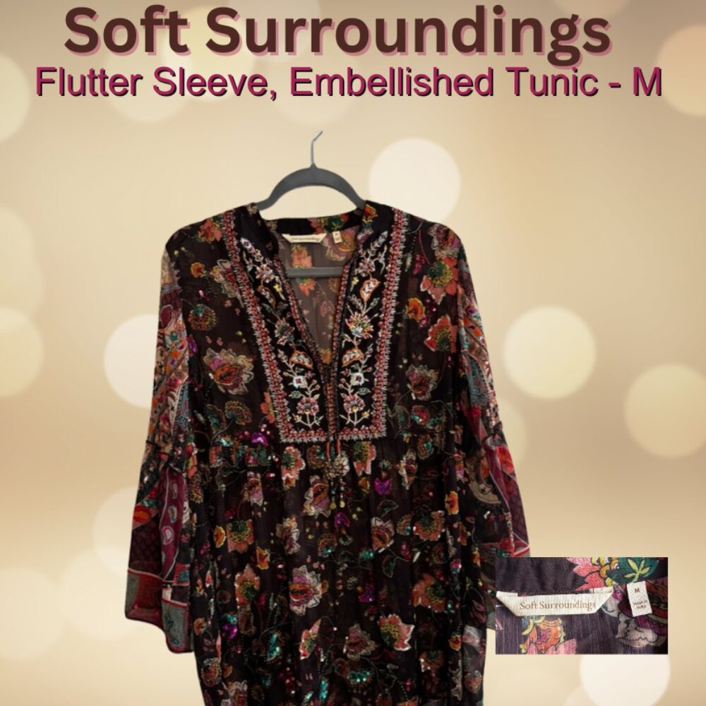 Soft Surroundings - Embellished, Tunic, Flutter Sleeve Blouse - M - Picture 8 of 14